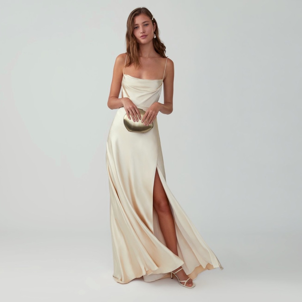 Fame and Partners Champagne Strappy Draped Gown